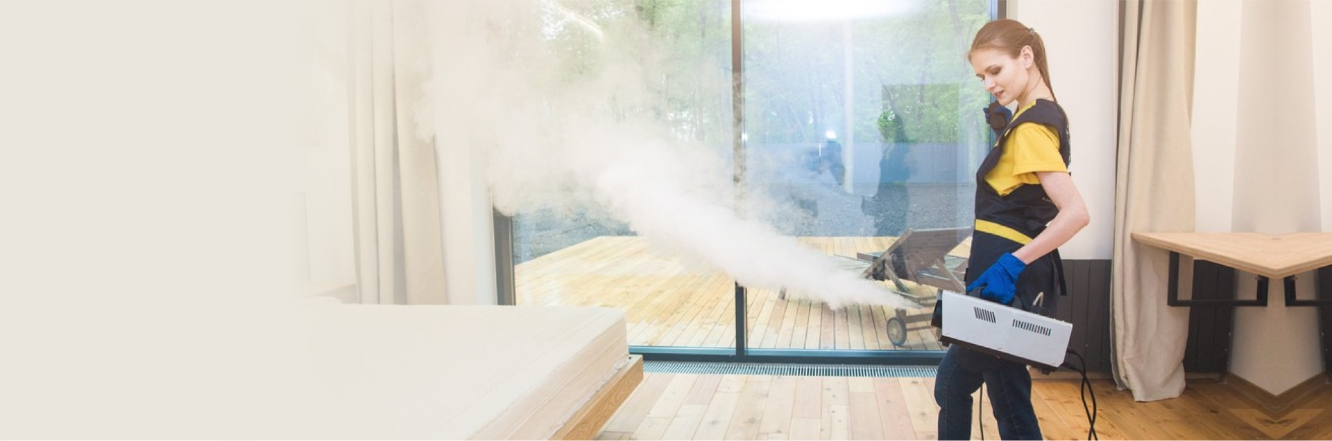 professional cleaning service. woman in uniform and gloves does the cleaning in a cottage.