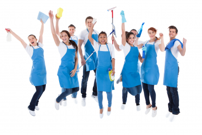 Large excited group of diverse multiethnic janitors jumping and cheering as they celebrate together as a team isolated on white